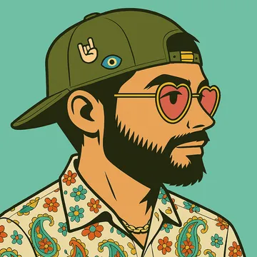 Illustrated portrait of Nico in a cap and heart-shaped glasses